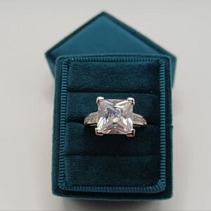 Princess Cut Swarovski Crystal Engagement Style Ring Silver Tone Size 6